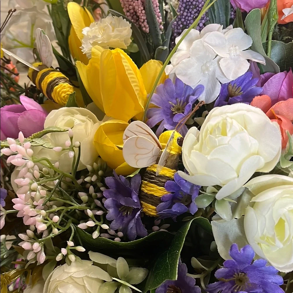 Handmade Floral Basket Door Hanger with honeybee accents